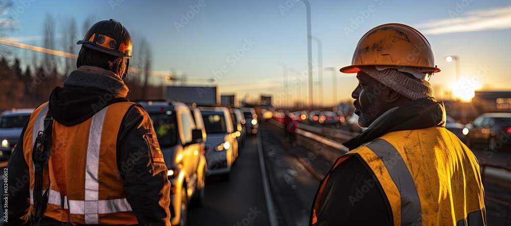 construction worker wearing a hard hat, a reflective vest, and currently working on a high-speed highway construction site. Generated with AI