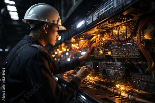An engineer is splicing fiber optic cables together. This precise task requires technical expertise. Generated with AI