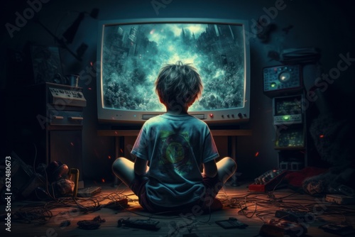 kid playing video games, game addiction concept, Generative AI