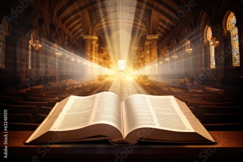 Open holy bible book with glowing lights in church