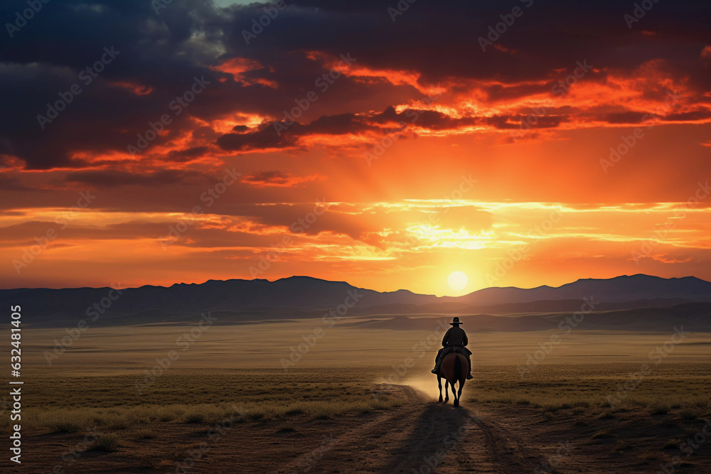Nomadic Trails Western sunset landscape with riders Nomadic Trails Western sunset landscape with riders