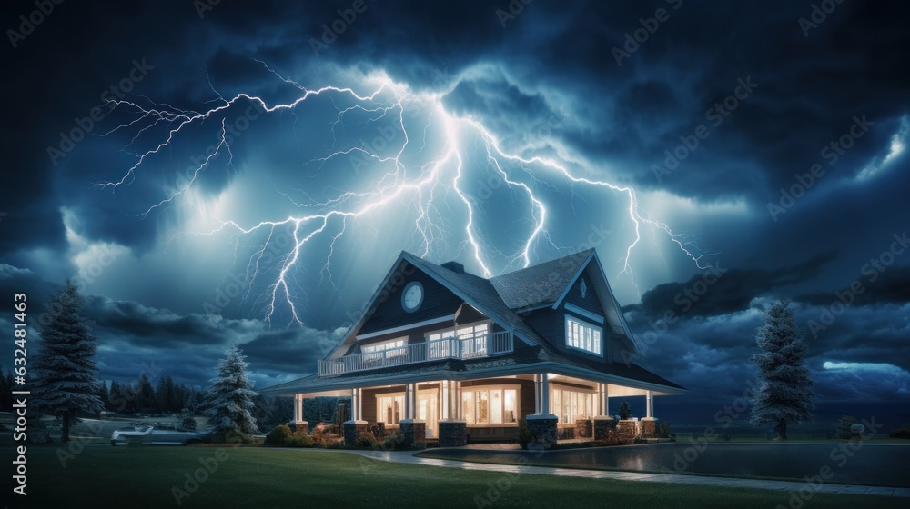 House on Heavy Lightning Thunder Strom Background, Home Insurance Concept. Generative Ai - obrazy, fototapety, plakaty 