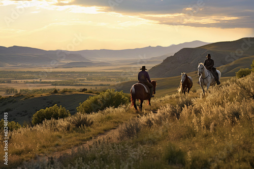 Horseback Rhapsody Western sunset landscape with riders © David