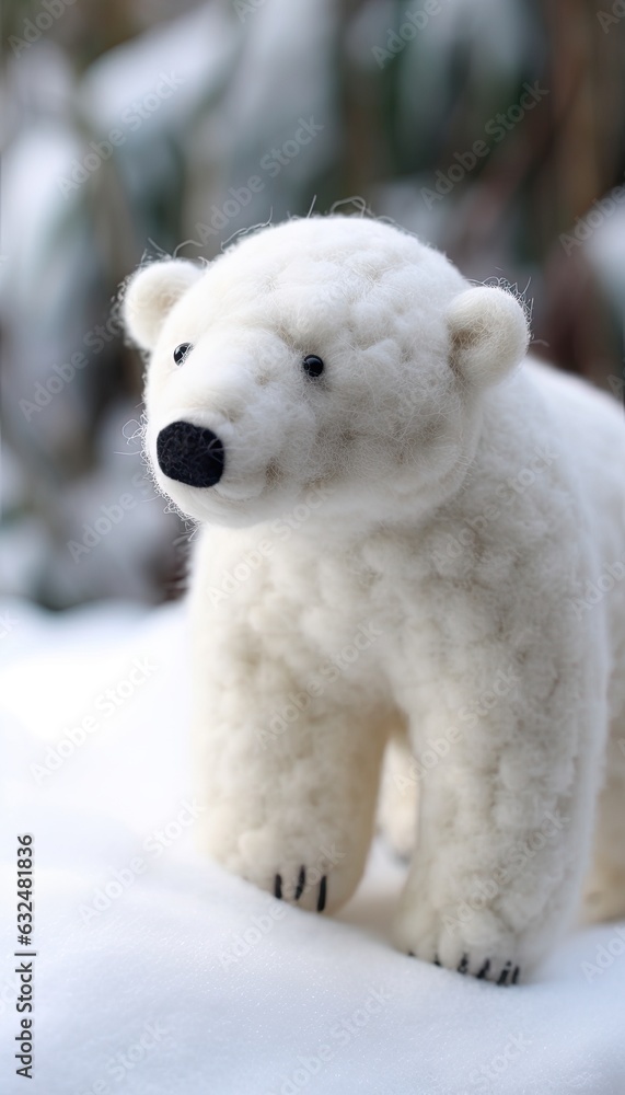 adorable wool felted polar bear sitting in the snow - created using generative AI tools adorable wool felted polar bear sitting in the snow - created using generative AI tools
