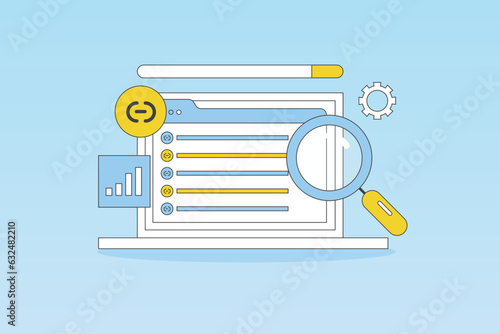 Link checker software. Website backlink checker. Website broken link check. Vector illustration background.