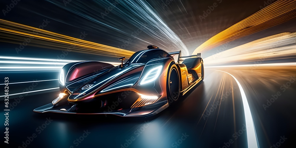 Racing car at high speed riding in illuminated road tunnel. Postproducted generative AI