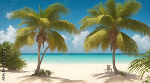 Two palm trees are on a sandy beach in the style of detailed marine views by Generative AI © BornHappy