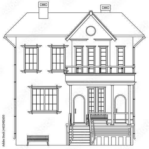 Outline two-story house with porch and balcony isolated on white background. Clipart.