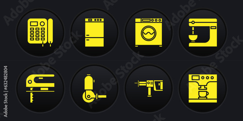 Set Electric jigsaw, mixer, Angle grinder, Rotary hammer drill machine, Washer and Refrigerator icon. Vector