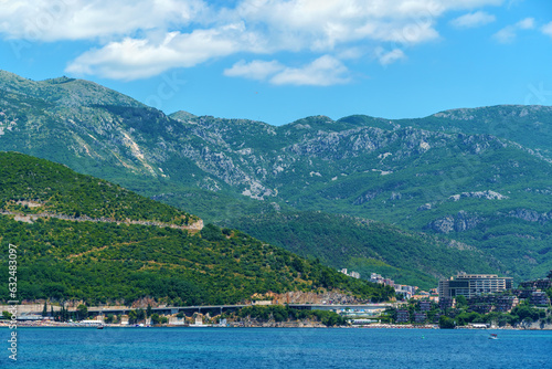beautiful views of boats and the sea, mountains, tourism and summer travel, Montenegro, Adriatic Sea