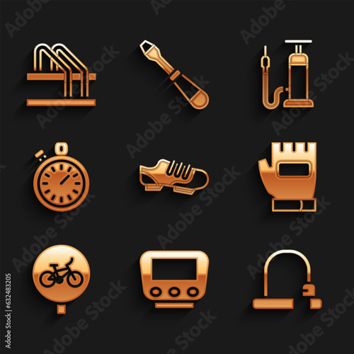Set Bicycle shoes, speedometer, lock, Gloves, Stopwatch, air pump and parking icon. Vector