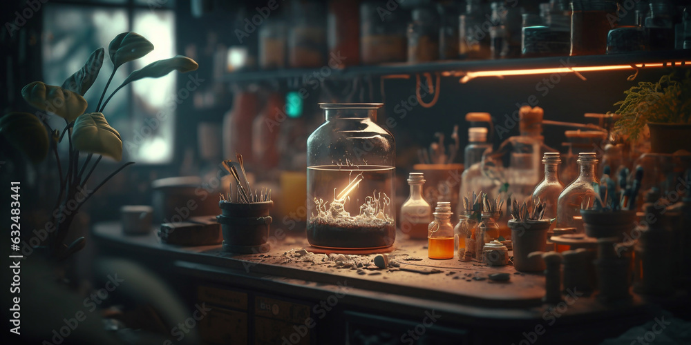 a medieval alchemist's laboratory with various flasks with substances and plants a medieval alchemist's laboratory with various flasks with substances and plants