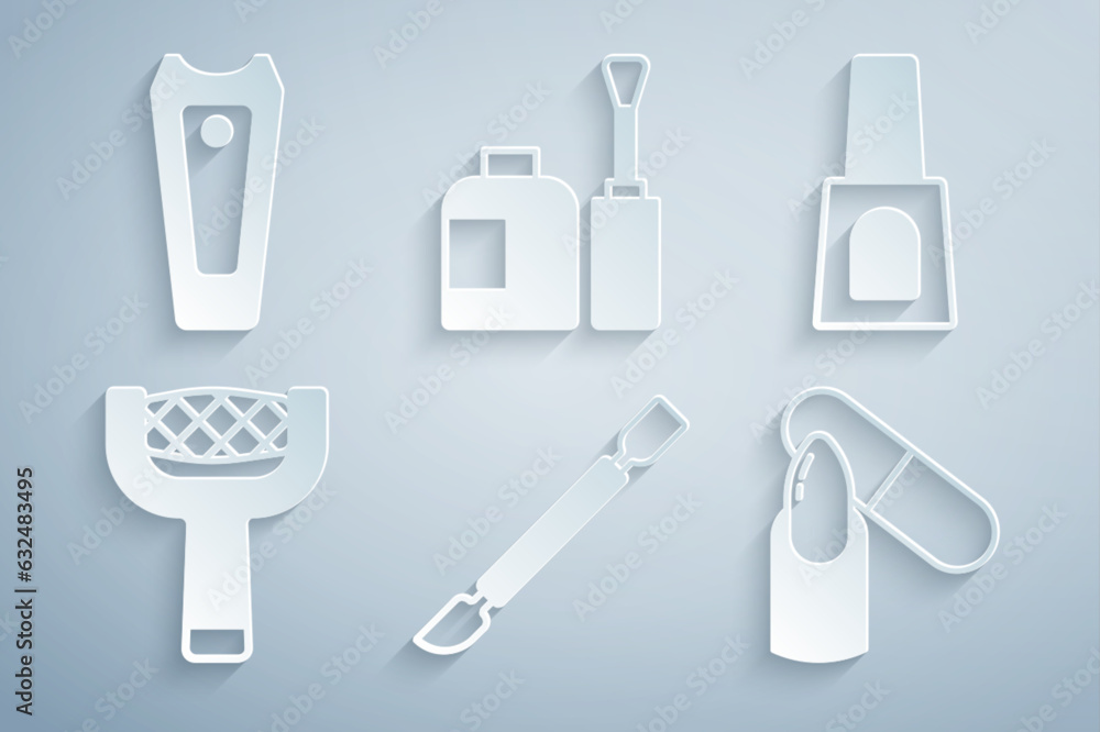 Set Cuticle pusher, Bottle of nail polish, Nail file, and cutter icon. Vector Set Cuticle pusher, Bottle of nail polish, Nail file, and cutter icon. Vector