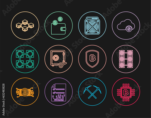 Set line CPU mining farm, Mining, ASIC Miner, Proof of stake, Blockchain technology, Shield with bitcoin and Cryptocurrency wallet icon. Vector
