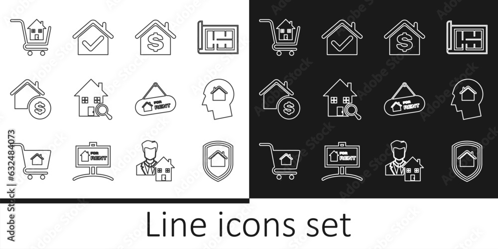 Set line House under protection, Man dreaming about buying house, with dollar, Search, Shopping cart, Hanging sign For Rent and check mark icon. Vector