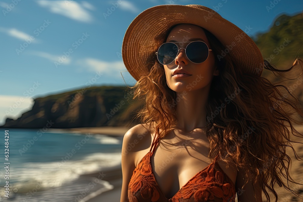 Woman in bikini and sunglasses relaxing on sandy tropical beach. Generated with AI Woman in bikini and sunglasses relaxing on sandy tropical beach. Generated with AI