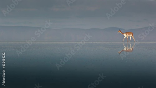 Vicuna (Vicugna vicugna) walk across the flooded salt lake Salar de Uyuni and reflect, Altiplano, Bolivia, South America