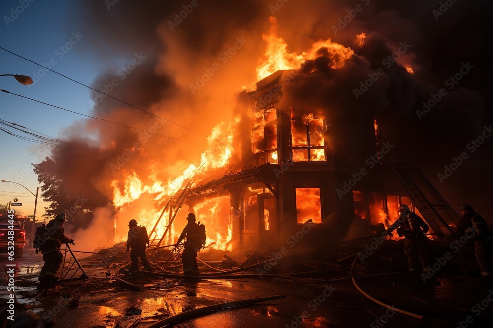 firefighters rescuing a trapped person from a burning building. Generated with AI. firefighters rescuing a trapped person from a burning building. Generated with AI.