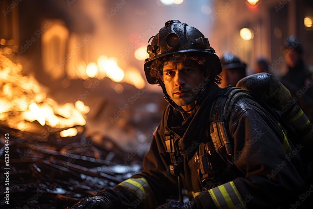 firefighters rescuing a trapped person from a burning building. Generated with AI. firefighters rescuing a trapped person from a burning building. Generated with AI.