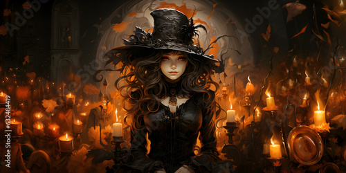 Charming Witch Woman Celebrating Halloween in October, Autumn Season with Black and Orange Colors.