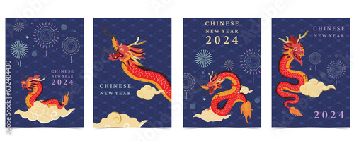 Gold red Chinese New Year card with dragon,cloud.Editable vector illustration for website, invitation,postcard and sticker
