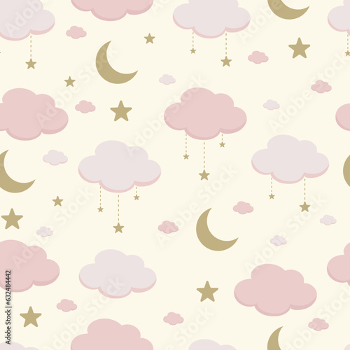 Pink seamless pattern with cloud, sky, moon for background