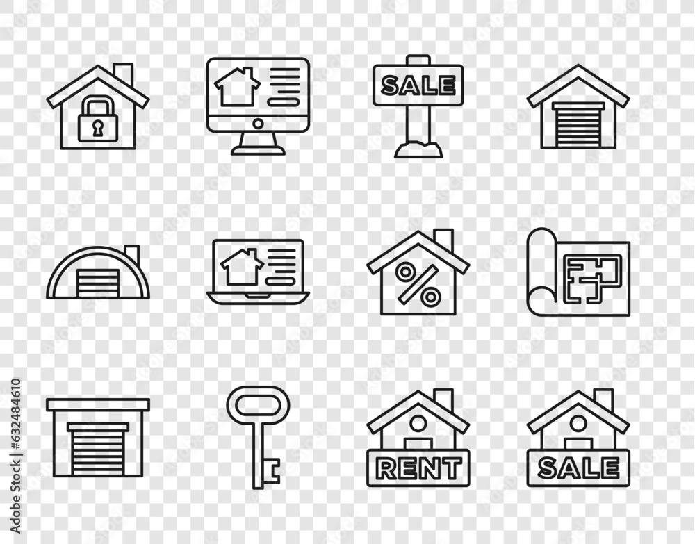 Set line Garage, Hanging sign with Sale, House key, under protection, Online real estate house, Rent and plan icon. Vector