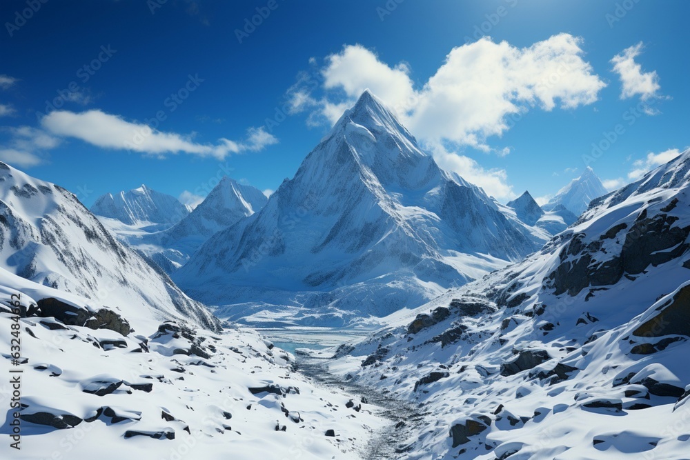Snowy white peaks stand tall against the clear blue winter sky. Generative AI