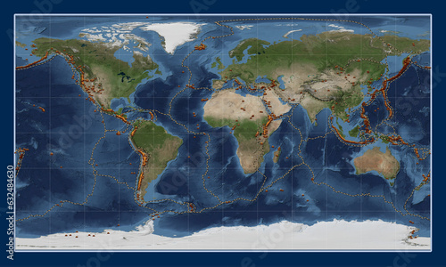 Fototapeta Naklejka Na Ścianę i Meble -  Volcanoes on the world satellite map - 0 PM. Patterson Cylindrical