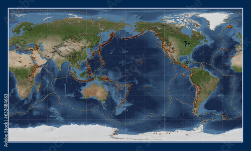 Fototapeta Naklejka Na Ścianę i Meble -  Volcanoes and boundaries on the world satellite map - 180 PM. Patterson Cylindrical