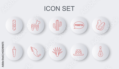 Set line Mexican guitar, Hot chili pepper pod, Cactus, sombrero, Cigar, Pinata, Map of mexican and Agave icon. Vector