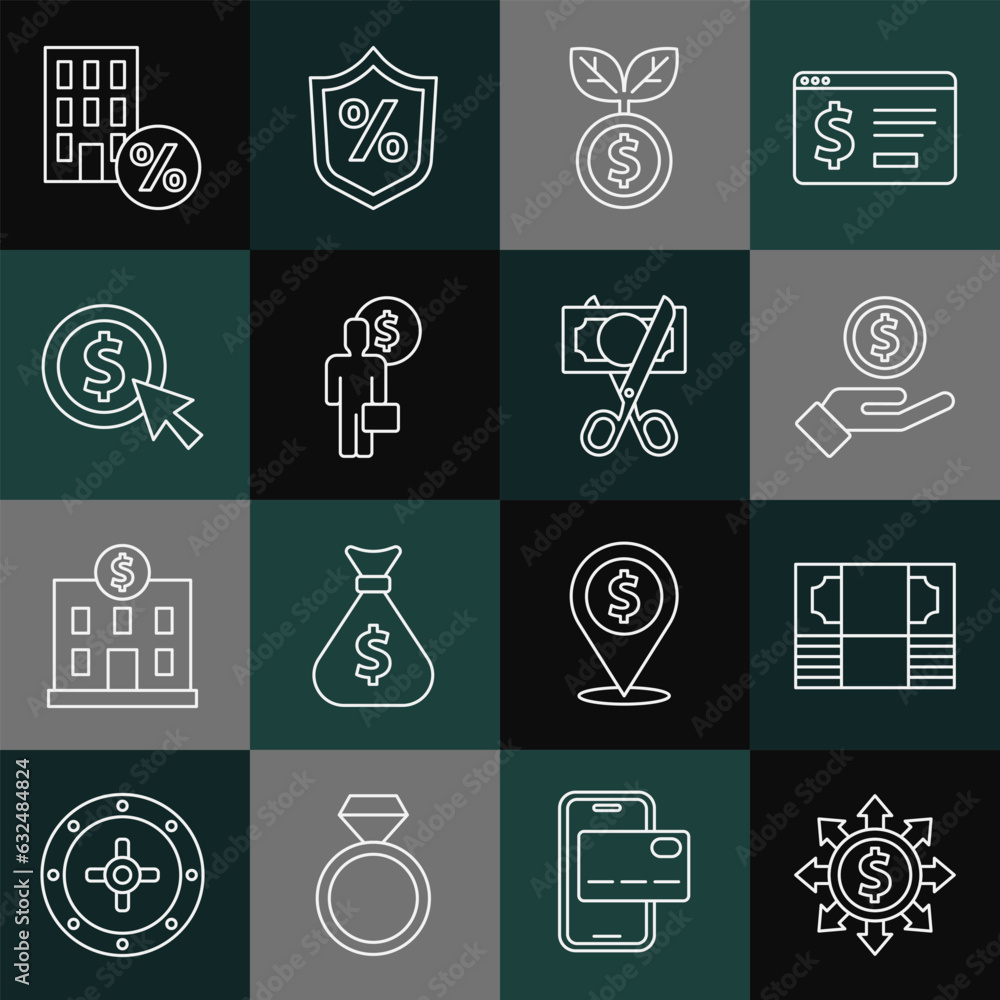 Set line Dollar, share, network, Stacks paper money cash, Hand giving, plant, Business man planning mind, Coin with dollar, House percant discount and Scissors cutting icon. Vector Set line Dollar, share, network, Stacks paper money cash, Hand giving, plant, Business man planning mind, Coin with dollar, House percant discount and Scissors cutting icon. Vector
