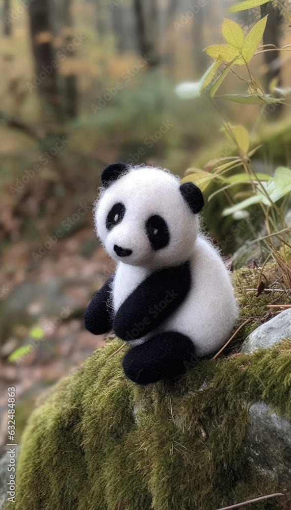 Obraz premium cute felted panda sitting in nature - created using generative AI tools