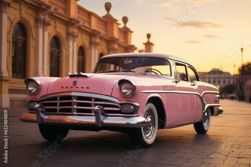 Vintage pink car wallpaper, a timeless charm in a retro urban setting. Generative AI © Muhammad Shoaib