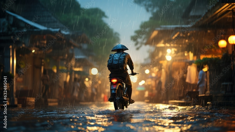 Obraz premium Human Daily Life on Rainy Day. Enjoying Rainfall and Happy Life, Lively Rainy Season Concept. Generative Ai