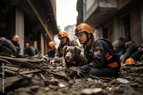 USAR (Urban Search and Rescue), along with their K9 search and rescue dogs. mobilizing to search for earthquake survivors amid the rubble of a collapsed building. Generated with AI