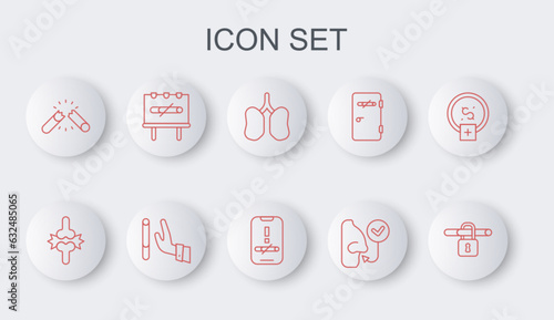 Set line No smoking, Joint pain, knee pain, Lungs, Healthy breathing, Broken cigarette, Giving up and icon. Vector