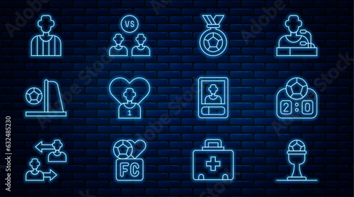 Set line Award cup and football ball, Sport mechanical scoreboard, Football soccer medal, player, goal with, referee, card and icon. Vector
