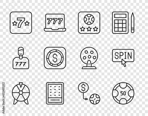 Set line Lucky wheel, Casino chips, Online poker table game, Lottery ticket, slot machine, Coin money with dollar, exchange and Slot spin button icon. Vector