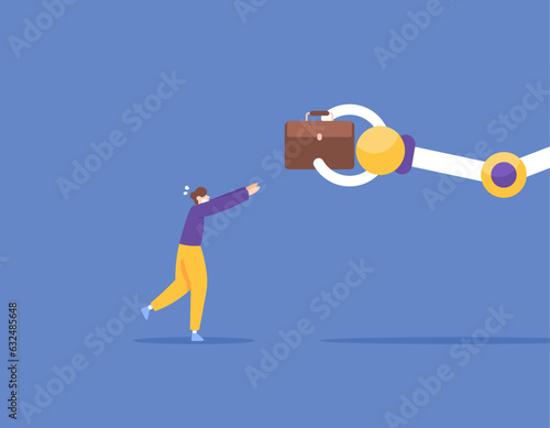 A worker panics because a job is taken by a robot. Robots are replacing human tasks. Robots are taking over human jobs. Industrial and technological revolution. illustration concept design. vector