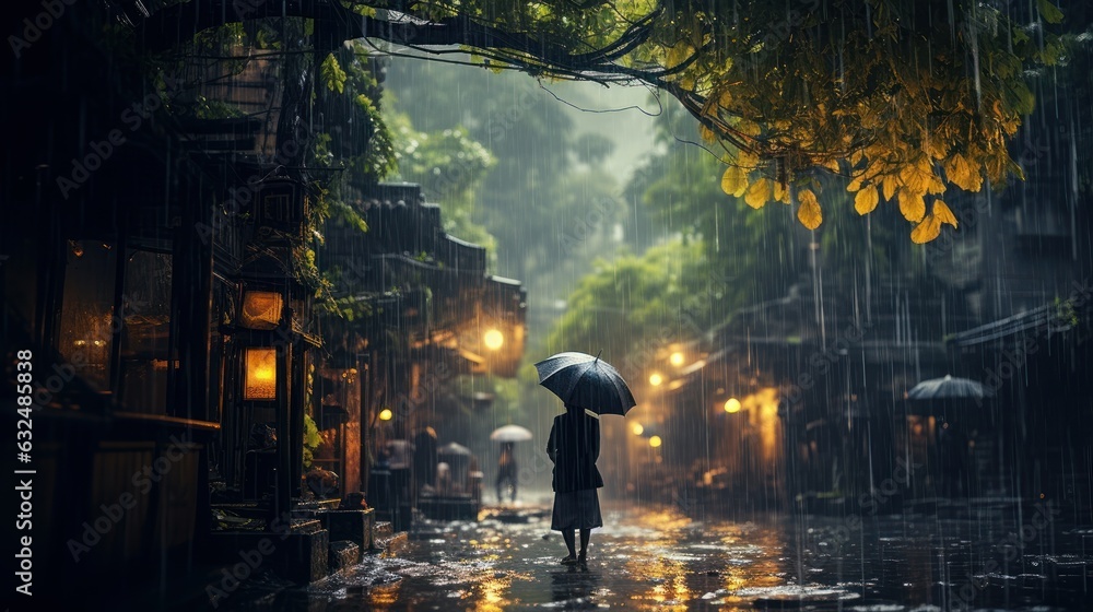 Fototapeta premium Human Daily Life on Rainy Day. Enjoying Rainfall and Happy Life, Lively Rainy Season Concept. Generative Ai