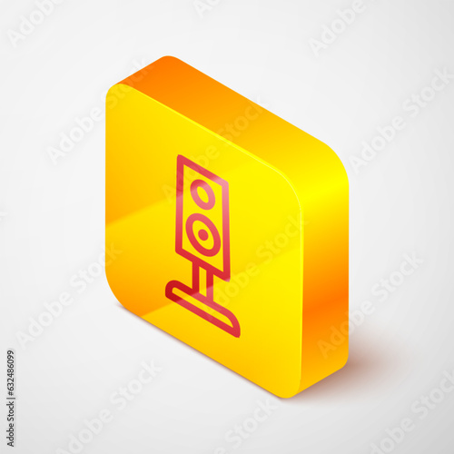 Isometric line Stereo speaker icon isolated on grey background. Sound system speakers. Music icon. Musical column speaker bass equipment. Yellow square button. Vector
