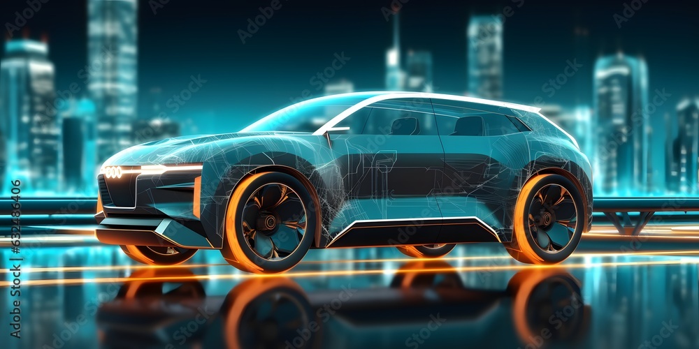 Riding wireframe car concept on the road and futuristic city on the background. Back view of SUV car. Professional 3d rendering of own designed generic non existing car model.