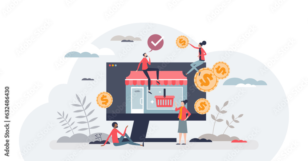 Online business as ecommerce shopping business model tiny person concept, transparent background.Sell products on internet using website and digital payment systems illustration. Online business as ecommerce shopping business model tiny person concept, transparent background.Sell products on internet using website and digital payment systems illustration.