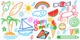 Summer funny hand drawn symbols vector set. Fruits, ice cream, sun, kite. Like kids colorful crayon, pastel, candy, rainbow, coconut, chalk, boat, cloud, candy, watermelon, rainbow or pencil stroke.