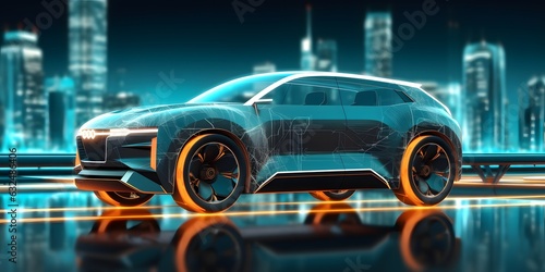 Riding wireframe car concept on the road and futuristic city on the background. Back view of SUV car. Professional 3d rendering of own designed generic non existing car model. © Lucky Ai