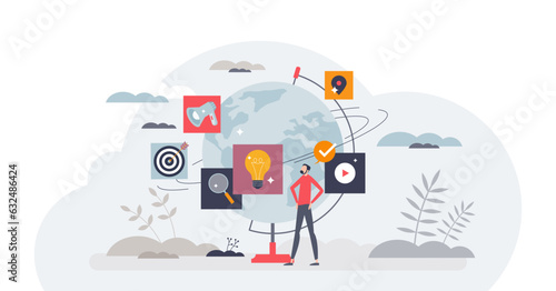 Digital marketing for international or global advertising tiny person concept, transparent background. Worldwide network with ads, internet banners or promotion with SEO search tools illustration.