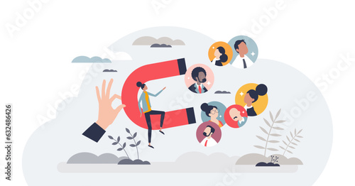 Lead generation with promotion or advertisement for sales tiny person concept, transparent background. Business development with new customers, clients or consumers attraction illustration.