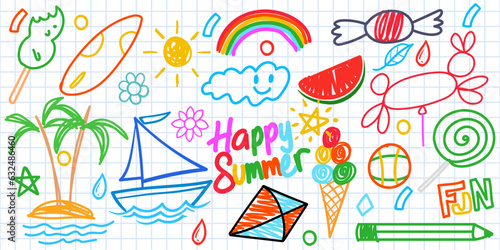 Summer funny hand drawn symbols vector set. Fruits, ice cream, sun, kite. Like kids colorful crayon, pastel, candy, rainbow, coconut, chalk, boat, cloud, candy, watermelon, rainbow or pencil stroke.