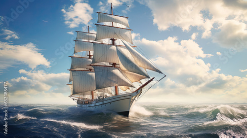 A majestic schooner is sailing on the vast ocean